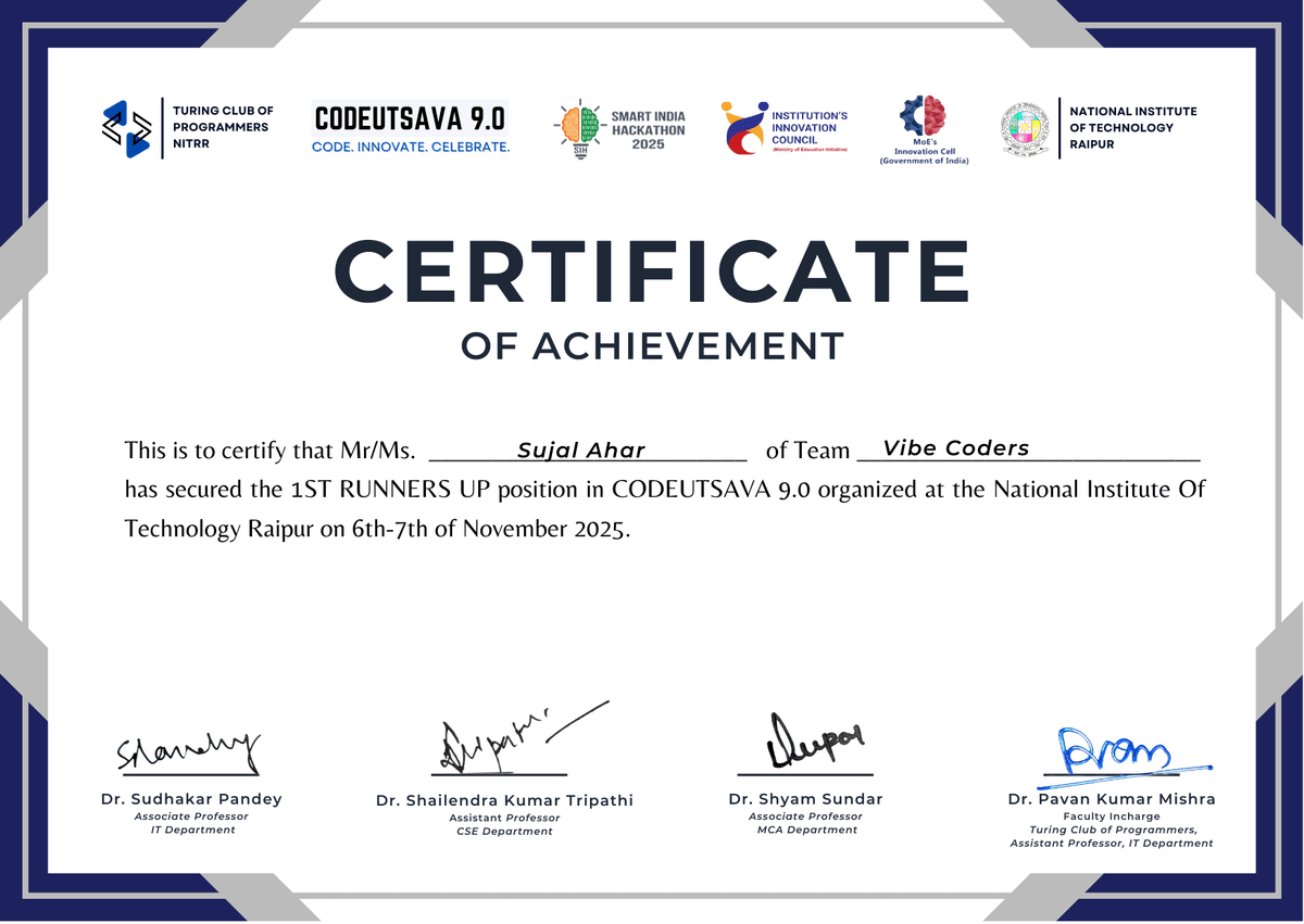 CodeUtsava 9.0 Certificate of Achievement - Sujal Ahar